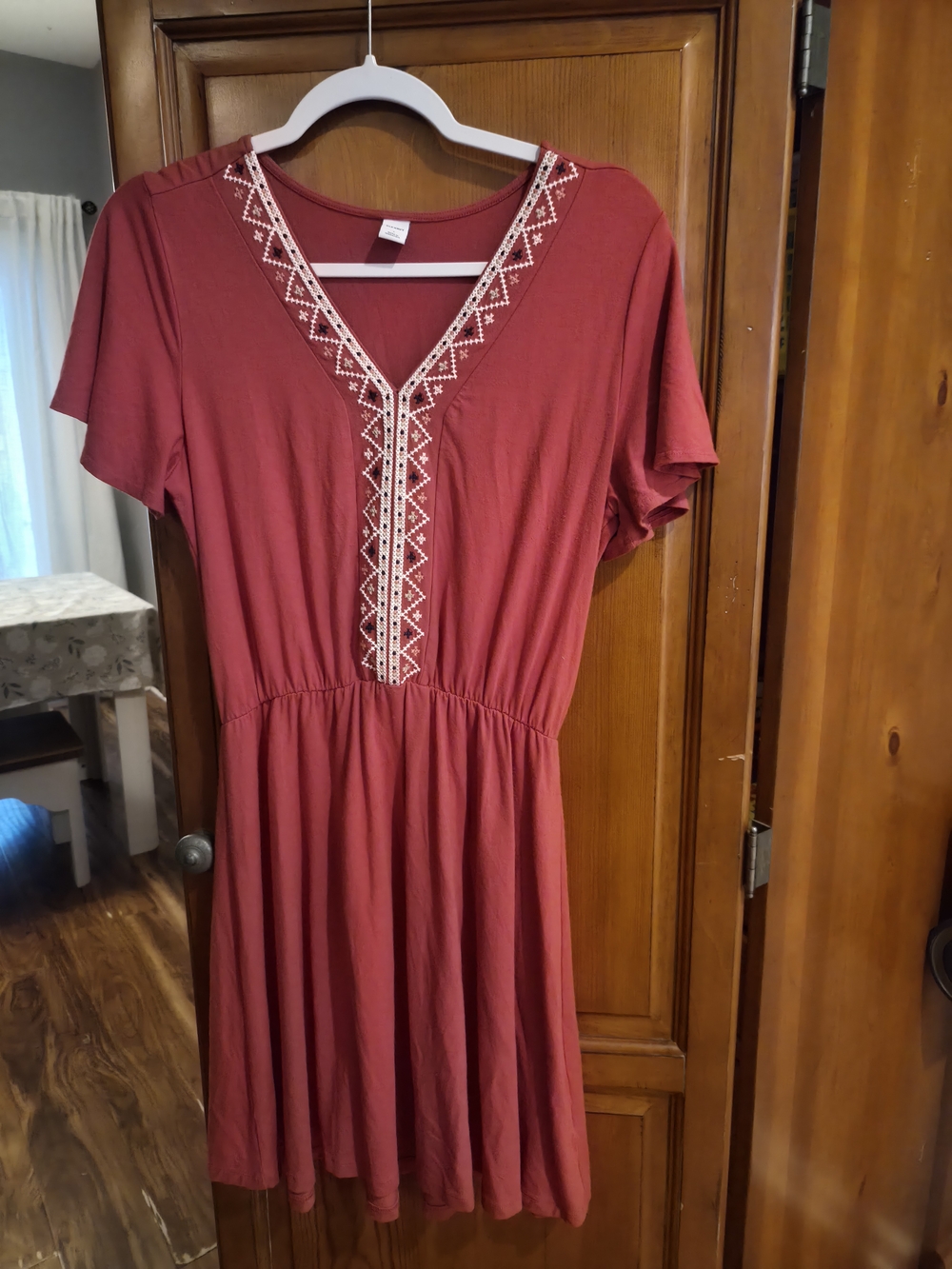 Old Navy Brick Red V-Neck Embroidered Mini Dress